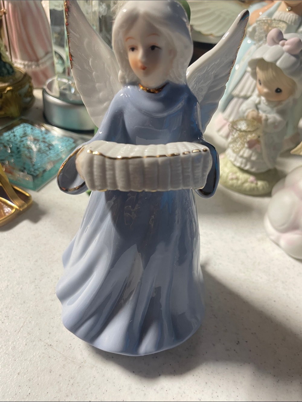 Porcelain Angel music box Figurine in Light Blue with Gold Trim